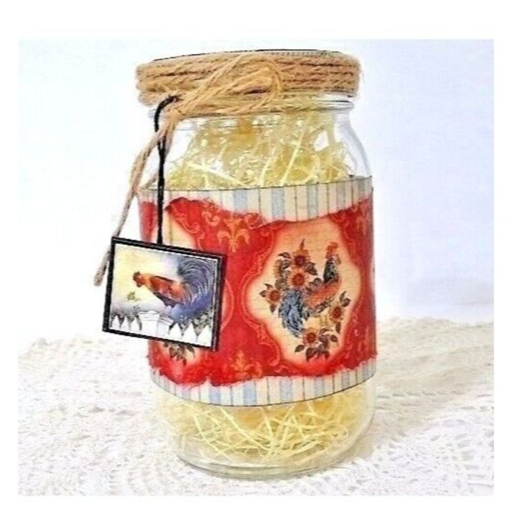 Country Rooster Glass Storage Jar Kitchen Bath Jute Rope Lid Farmhouse Gift NEW